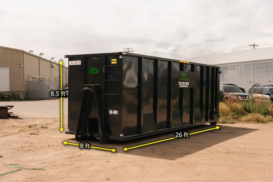 50 yard DumpsterDash roll-off dumpster, 26 × 8 × 8.5 ft